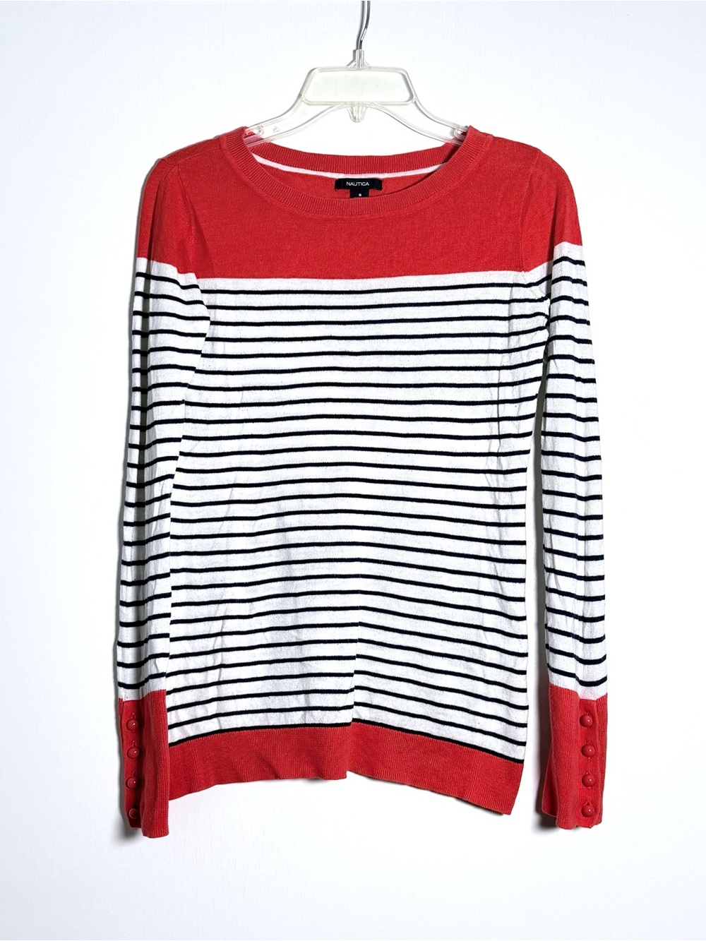 Nautica Red, White & Navy Striped Crewneck Sweater. Small